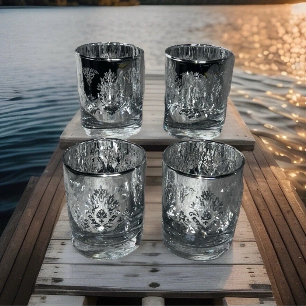MCM Style Silver To Clear Scrollwork Lusterware 4 Rock Old Fashioned Glasses